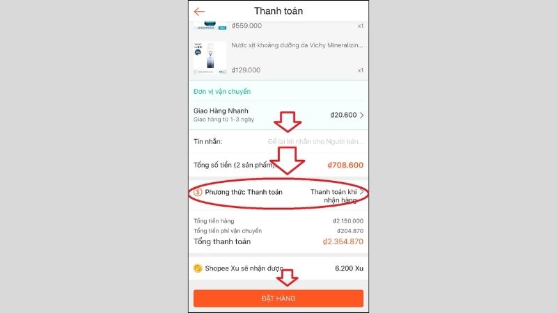 Tiến hành thanh toán và đặt hàng