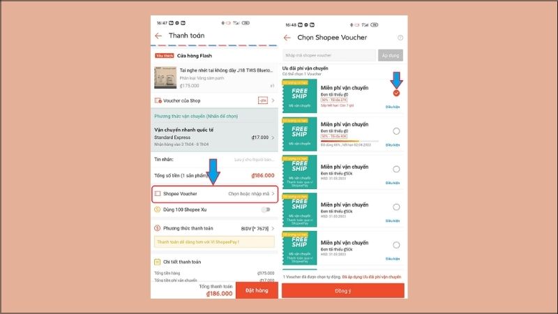 Áp dụng voucher miễn phí vận chuyển shopee