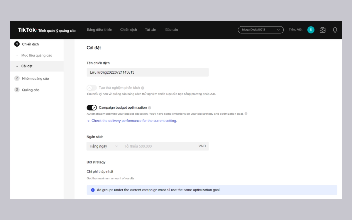 Đặt tên và thiết lập ngân sách TikTok Ads