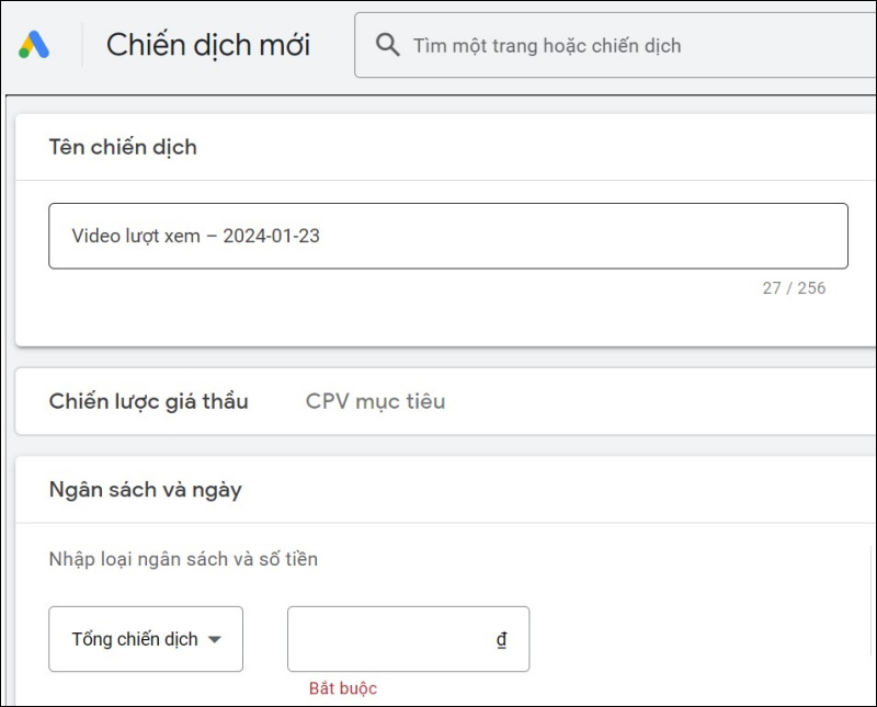 Đặt tên và đặt ngân sách cho chiến dịch quảng cáo