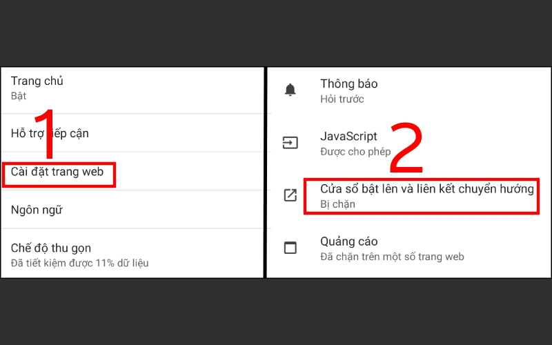 Cửa sổ bật lên và liên kết chuyển hướng