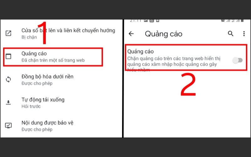 kéo thanh gạt sang trái để tắt Quảng cáo