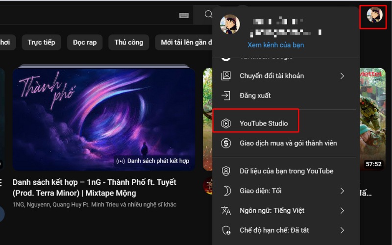 Tại biểu tượng ảnh đại diện và chọn YouTube Studio