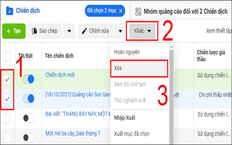 thực hiện xóa nhóm quảng cáo