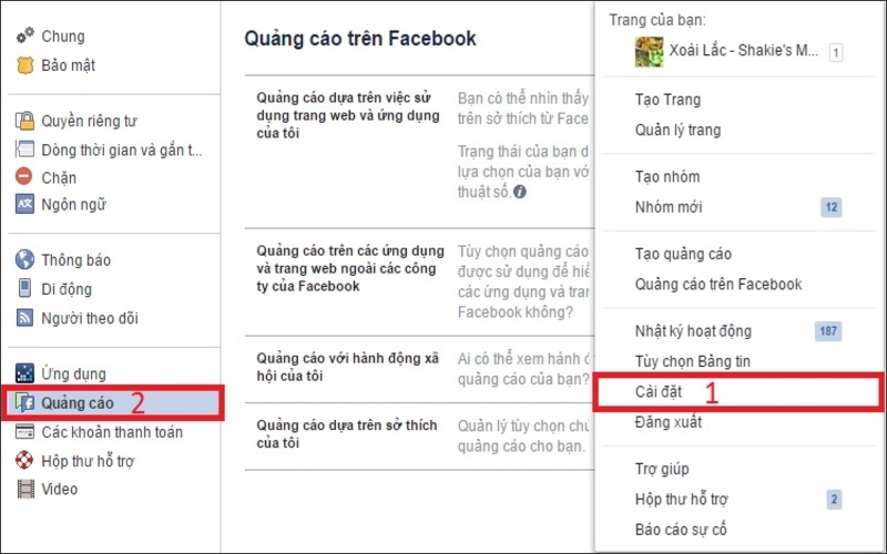 Đăng nhập facebook và chọn cài đặt 