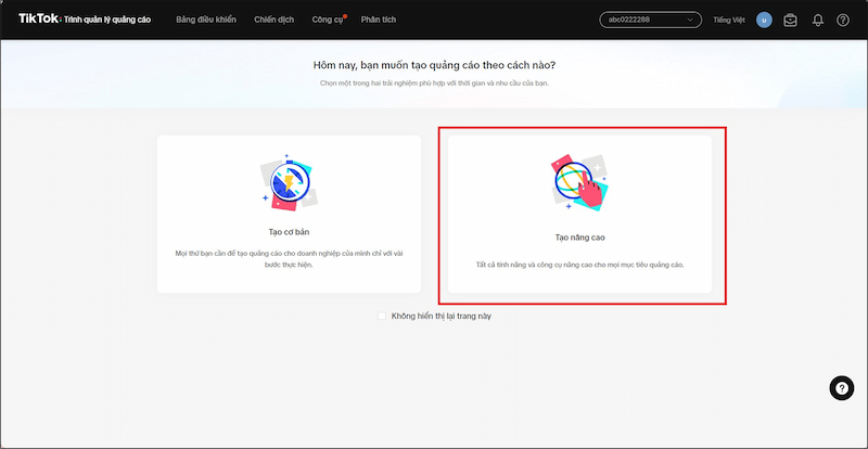 Chọn “Tạo nâng cao” để thực hiện thiết lập tạo quảng cáo
