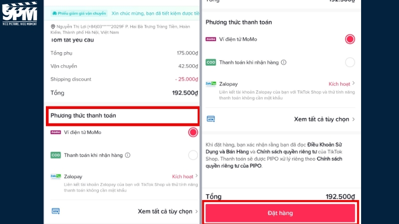 Chọn phương thức đặt hàng phù hợp và bấm Đặt hàng