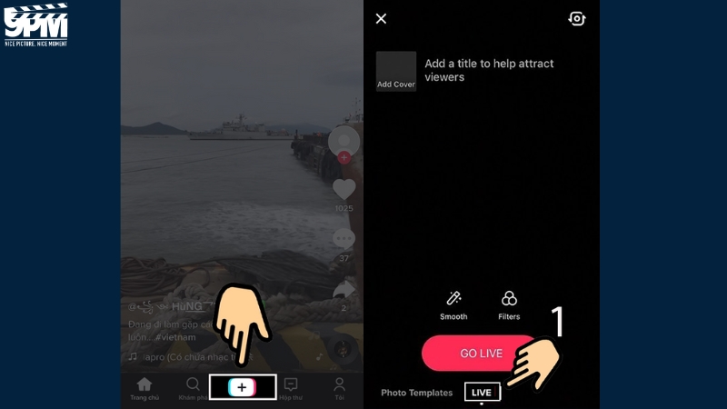 Nhấn vào biểu tượng dấu cộng và nút LIVE
