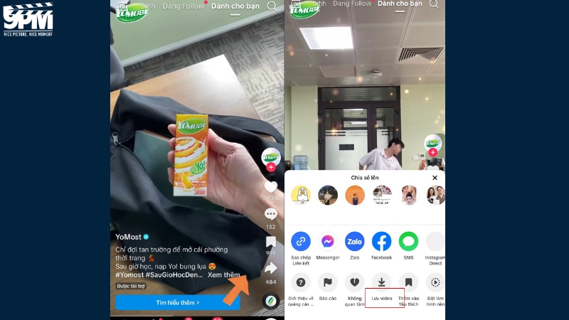 Chọn nút chia sẻ và bấm Lưu video để tải về máy