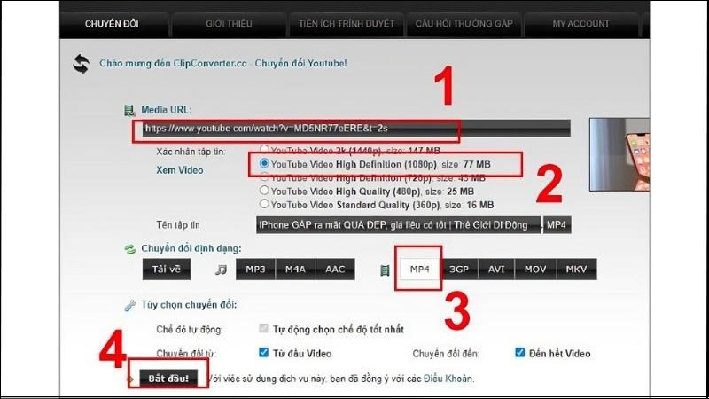 Truy cập Clip Converter và làm theo thứ tự 1, 2, 3, 4