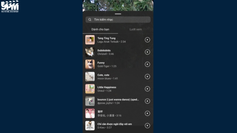 Chọn bài hát muốn chèn chữ bằng cách tìm kiếm nhạc