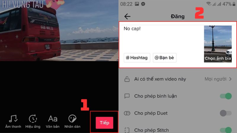 Sau đó, bạn có thể nhập mô tả, thêm hashtag, gắn thẻ bạn bè và chọn ảnh bìa cho video của mình