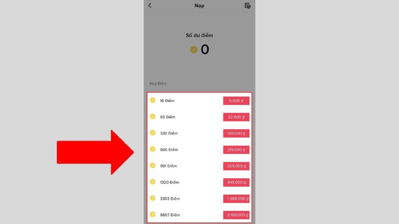 Nhấn vào mục Nạp và bấm chọn vào mệnh giá nạp tiền bạn muốn nạp vào TikTok