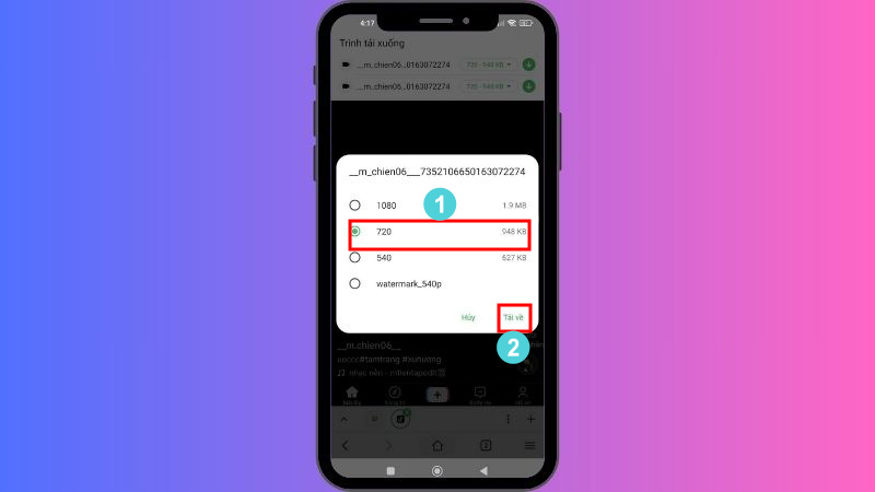 Chọn chất lượng video, sau đó tải về