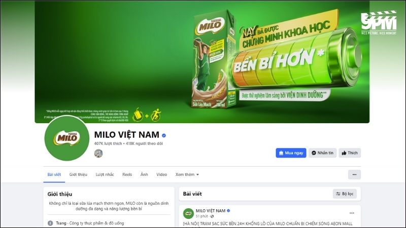 Trang Facebook chính thức của thương hiệu Milo tại Việt Nam 